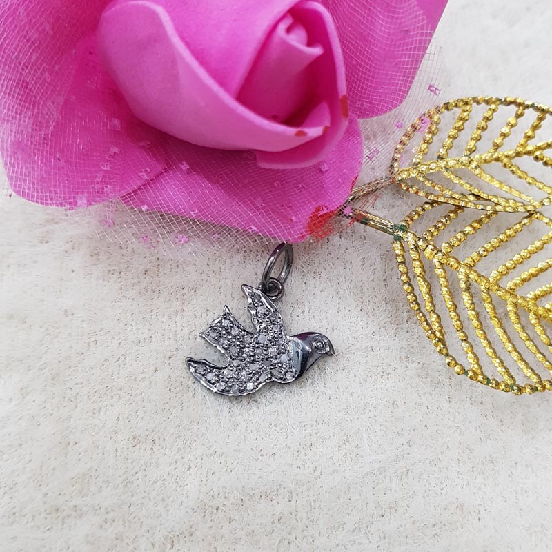 Glamorous Designer Handmade Beautiful Bird Charms With Pave Diamond, Minimal Bird Charm, Silver Jewelry