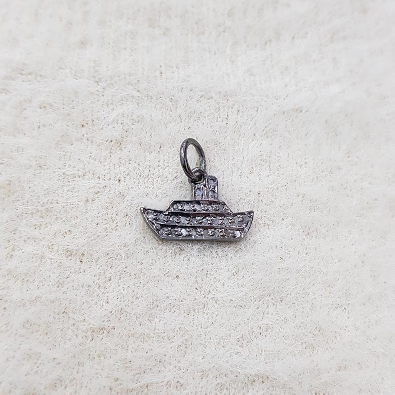 Ship Charm, Beautiful Designed 925 Sterling Silver Handmade Fancy Ship Shape Charm With Pave Diamond, Silver Jewelry