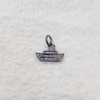 Ship Charm, Beautiful Designed 925 Sterling Silver Handmade Fancy Ship Shape Charm With Pave Diamond, Silver Jewelry