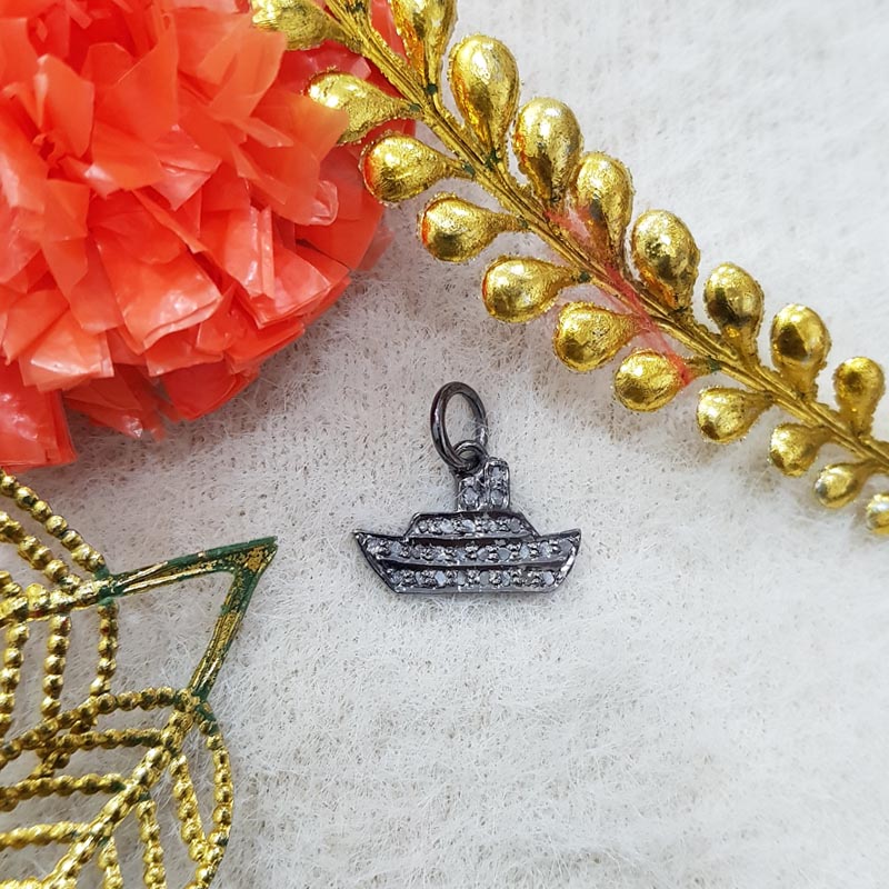 Ship Charm, Beautiful Designed 925 Sterling Silver Handmade Fancy Ship Shape Charm With Pave Diamond, Silver Jewelry