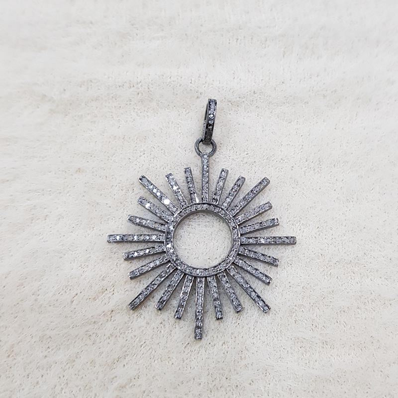 Radiant Sunburst Pendant, Handmade 925 Sterling Silver pave Diamond Beautiful Starburst Pendent, Silver Jewelry