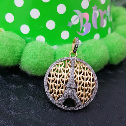 City of Lights Eiffel Tower Pendant, Round Designer Fancy Eiffel Tower Style Pendent With Pave Diamond, Silver Jewelry