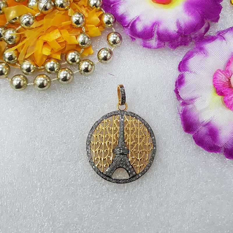 City of Lights Eiffel Tower Pendant, Round Designer Fancy Eiffel Tower Style Pendent With Pave Diamond, Silver Jewelry