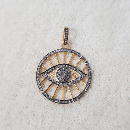 Evil Eye Pendant, Two Tone Fancy Designer 925 Sterling Silver Pave Diamond Evil Eye Pendant, Silver Jewelry