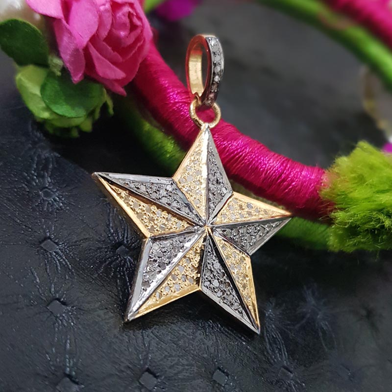 Twilight Sparkle Starry Night Pendant, Two Tone Fancy Designer 925 Sterling Silver Pave Diamond Star Pendant, Silver Jewelry