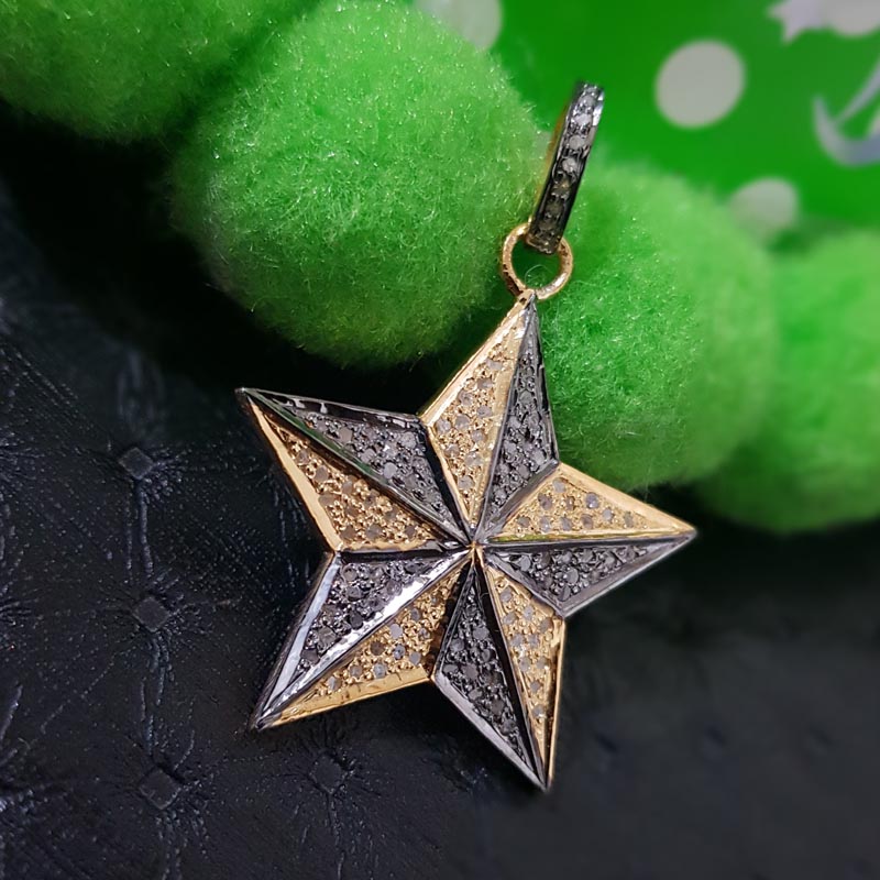 Twilight Sparkle Starry Night Pendant, Two Tone Fancy Designer 925 Sterling Silver Pave Diamond Star Pendant, Silver Jewelry