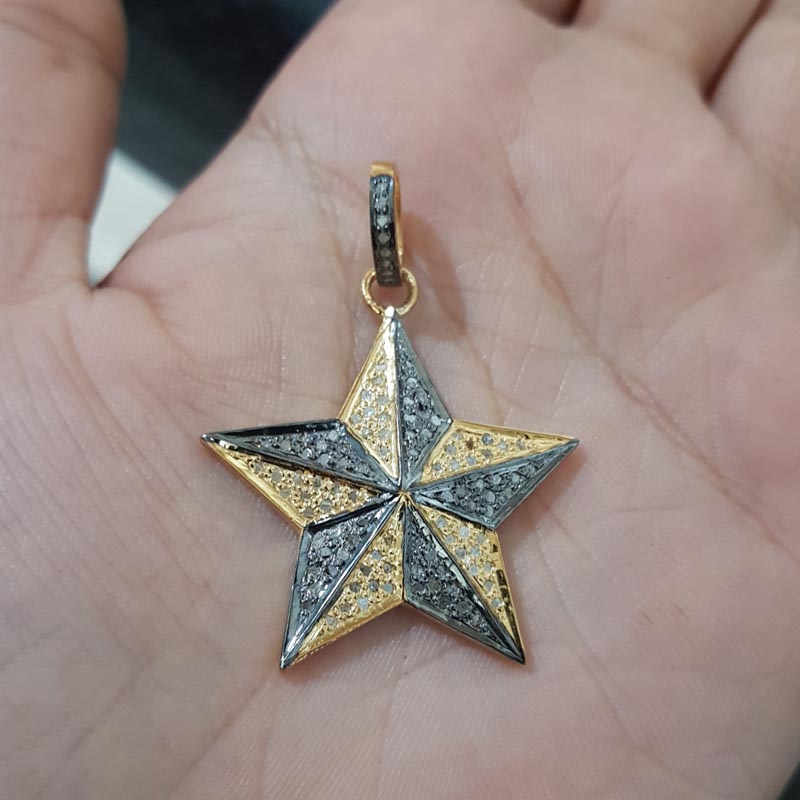 Twilight Sparkle Starry Night Pendant, Two Tone Fancy Designer 925 Sterling Silver Pave Diamond Star Pendant, Silver Jewelry