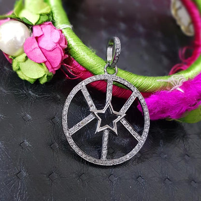 Shining Star Pendant, Attractive Pave Diamond Handmade Round Pendant With Star, Silver Jewelry, Gift For Someone