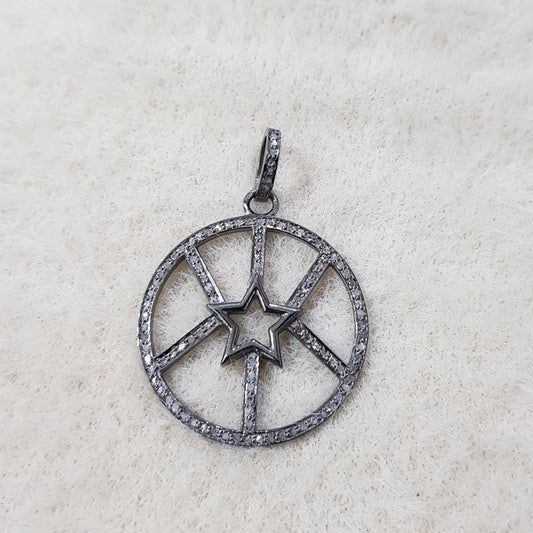 Shining Star Pendant, Attractive Pave Diamond Handmade Round Pendant With Star, Silver Jewelry, Gift For Someone