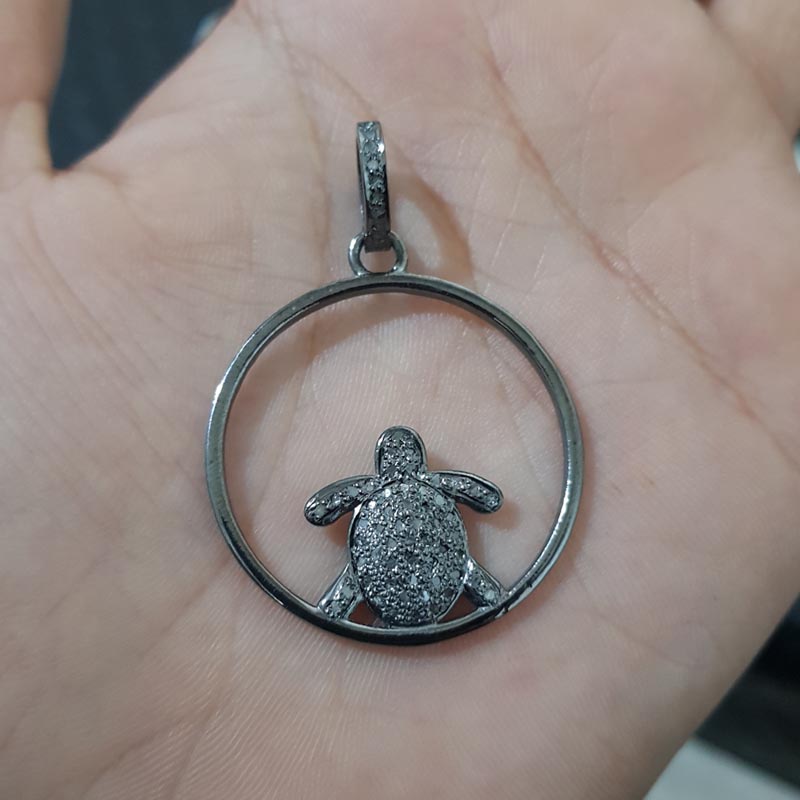 Good Looking Handmade Designer Tortoise Pendent With Pave Diamond, Silver Jewelry, Gift For Her, Him