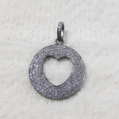 Attractive Pave Diamond Handmade Round Shape With Open Heart Pendent, Silver Jewelry, Gift For Her