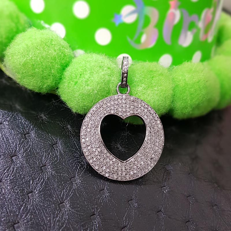 Attractive Pave Diamond Handmade Round Shape With Open Heart Pendent, Silver Jewelry, Gift For Her