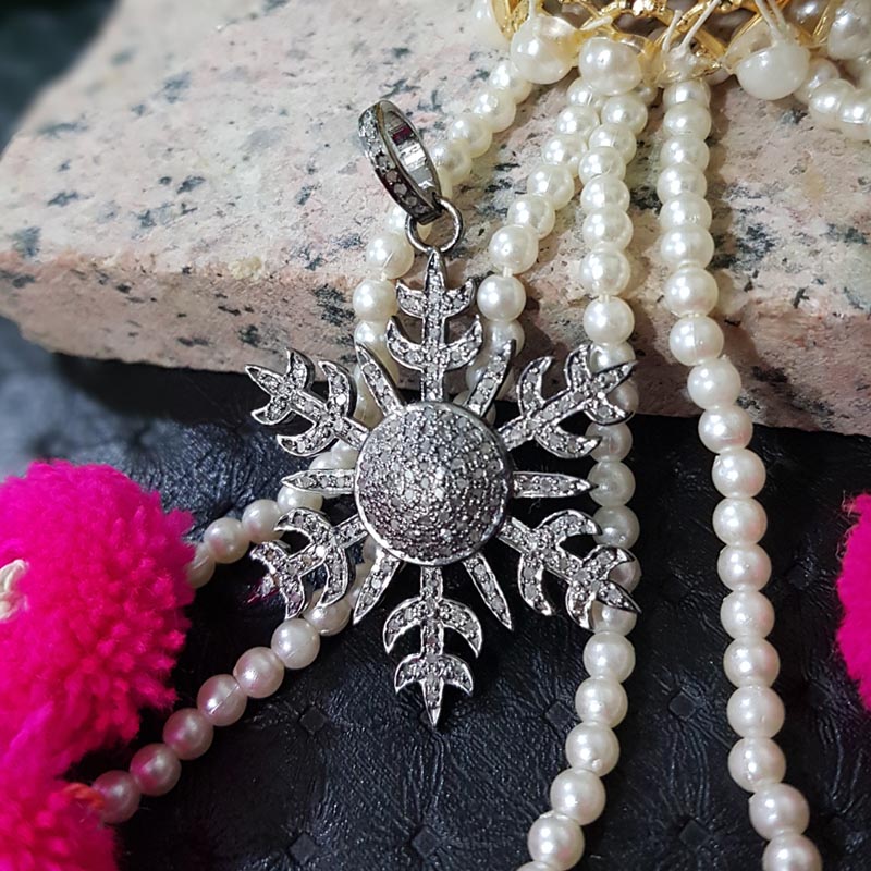 Frozen Grace, Good Looking Handmade Designer Beautiful Flower Pendent With Pave Diamond, Silver Jewelry