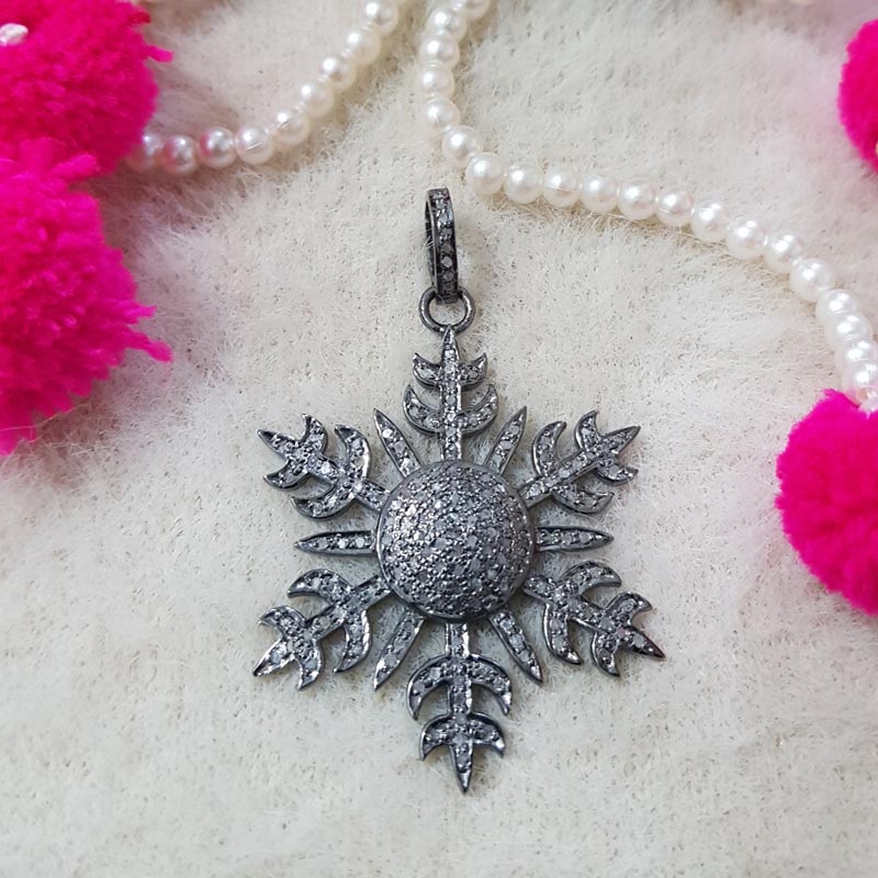 Frozen Grace, Good Looking Handmade Designer Beautiful Flower Pendent With Pave Diamond, Silver Jewelry