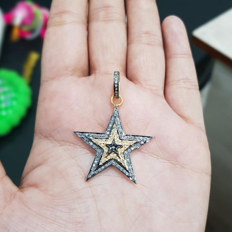 Wishing Star Pendant, Good Looking Handmade Designer Star Pendant With Pave Diamond, Silver Jewelry, Gift For Her