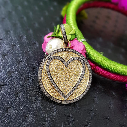 Heart of Affection, Attractive Pave Diamond Handmade Round Shape With Heart Pendent, Silver Jewelry