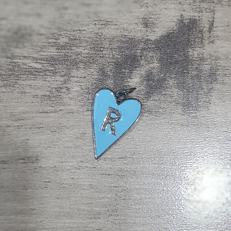 Turquoise Enamel R Latter Heart Pendant With Pave Diamond Layers, Personalized Gift For Love