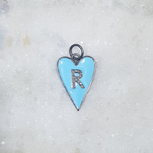 Turquoise Enamel R Latter Heart Pendant With Pave Diamond Layers, Personalized Gift For Love