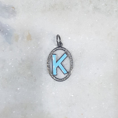 Turquoise Enamel K Latter Oval Shape Pendant With Pave Diamond Layers, Gift For Lovers, Enamel Oval Letter Necklace