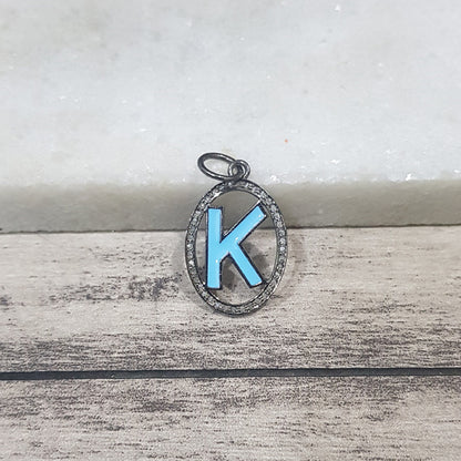 Turquoise Enamel K Latter Oval Shape Pendant With Pave Diamond Layers, Gift For Lovers, Enamel Oval Letter Necklace