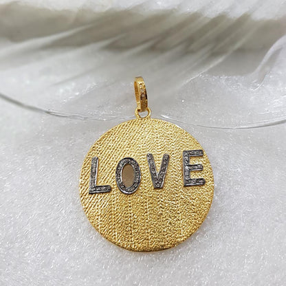 Heartfelt Round Charm Pendant, Two Tone Fancy Designer 925 Sterling Silver Pave Diamond Love Pendent