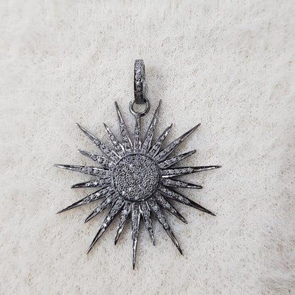 Sunburst Elegance, Beautiful Designed 925 Sterling Silver Handmade Fancy Starburst Pendent With Pave Diamond, Silver Jewelry