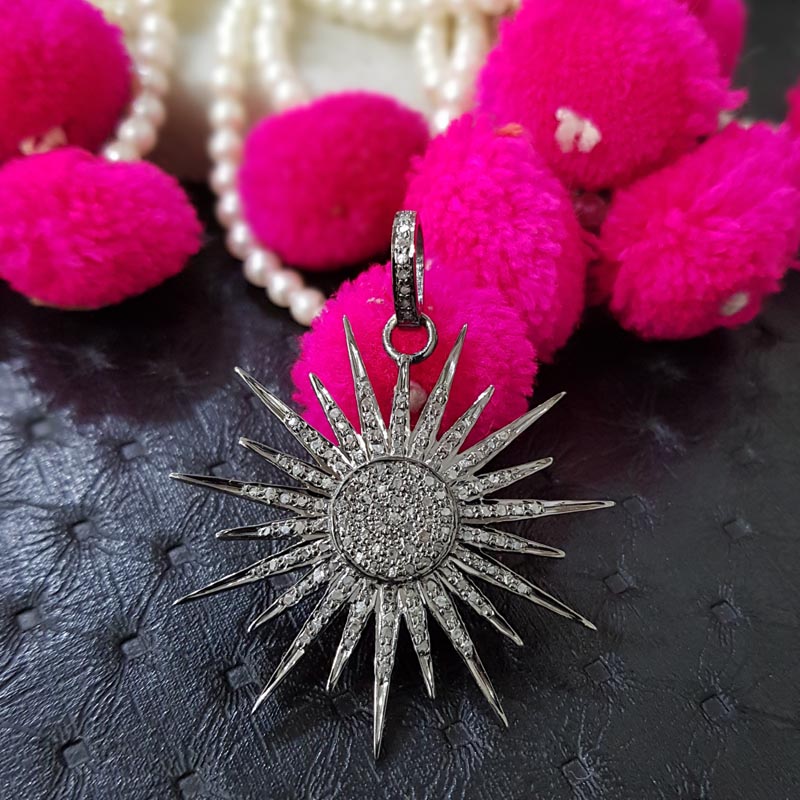 Sunburst Elegance, Beautiful Designed 925 Sterling Silver Handmade Fancy Starburst Pendent With Pave Diamond, Silver Jewelry