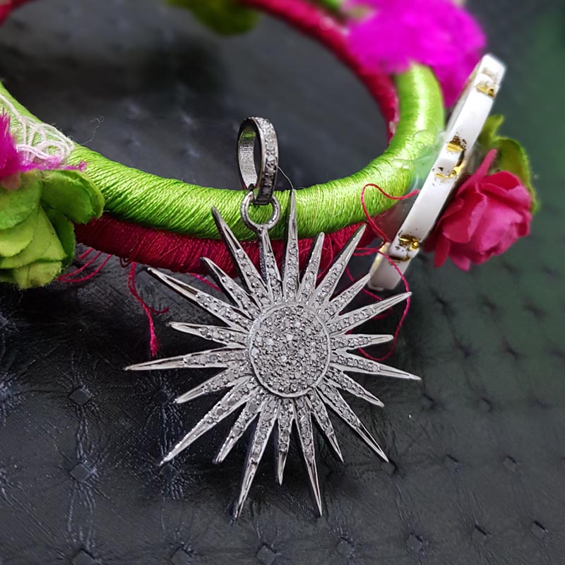 Sunburst Elegance, Beautiful Designed 925 Sterling Silver Handmade Fancy Starburst Pendent With Pave Diamond, Silver Jewelry