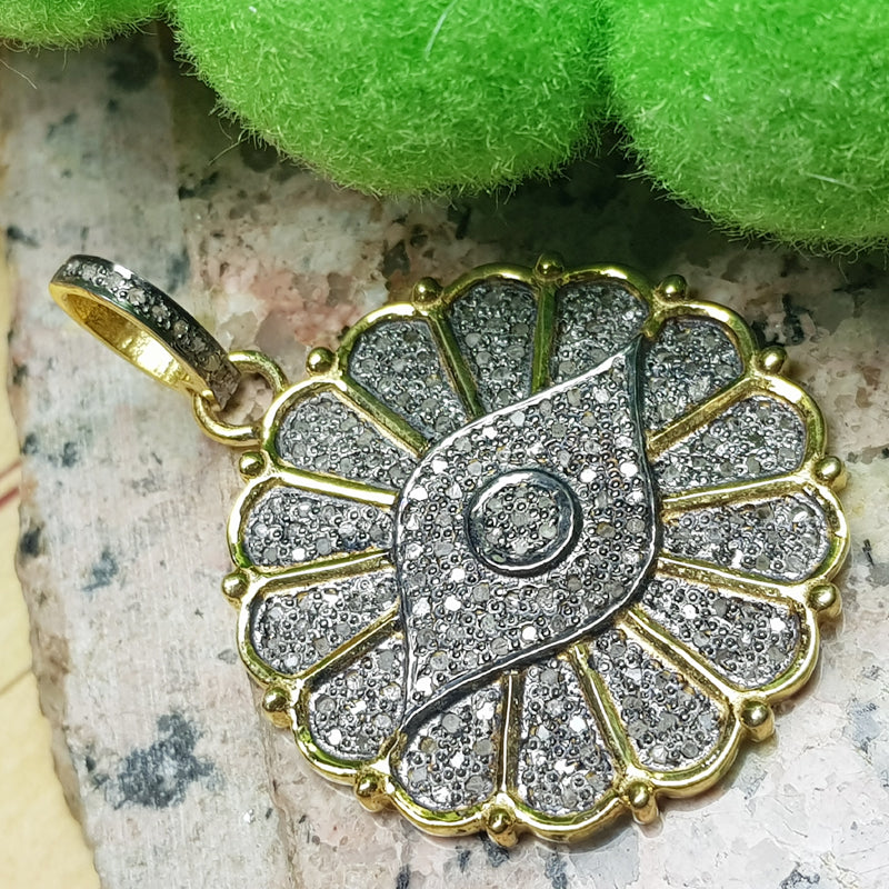 Sunburst Elegance, Beautiful Designed Pave Diamond Handmade Flower Pendant With Evil Eye, Silver Jewelry