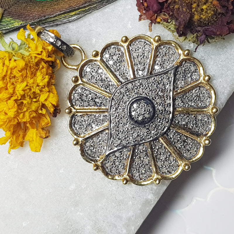 Sunburst Elegance, Beautiful Designed Pave Diamond Handmade Flower Pendant With Evil Eye, Silver Jewelry