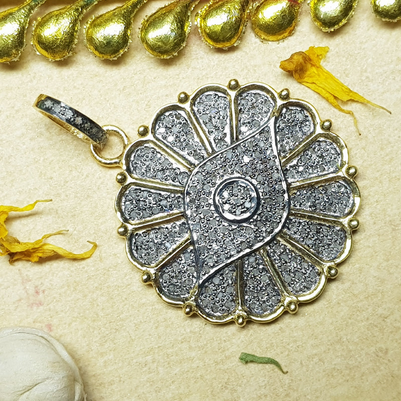 Sunburst Elegance, Beautiful Designed Pave Diamond Handmade Flower Pendant With Evil Eye, Silver Jewelry