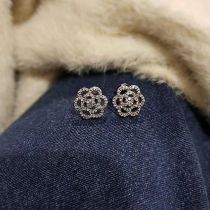 Stunning 925 Sterling Silver Pave Diamond Flower Design Earrings, Silver Jewelry