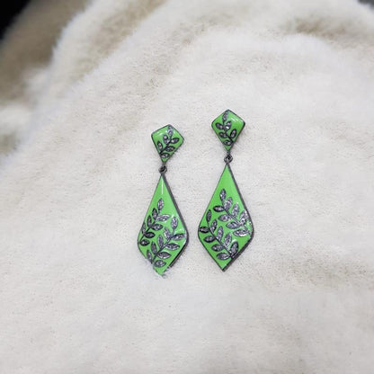 Green Enamel With Little Pave Diamond Leaf Style earrings, Silver Jewelry, Gift For Wife, Anniversary Gift