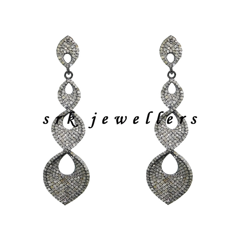 Four Step Long Shiny Beautiful Pave Diamond Earrings, Silver Earrings, Gift For Women