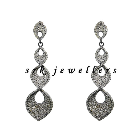 Four Step Long Shiny Beautiful Pave Diamond Earrings, Silver Earrings, Gift For Women