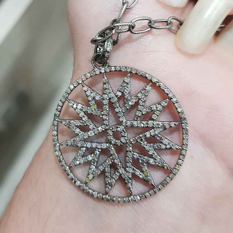 Glorious Starburst Pendant With Natural Pave diamond Layer, Round Star Pendant, Wedding Gift