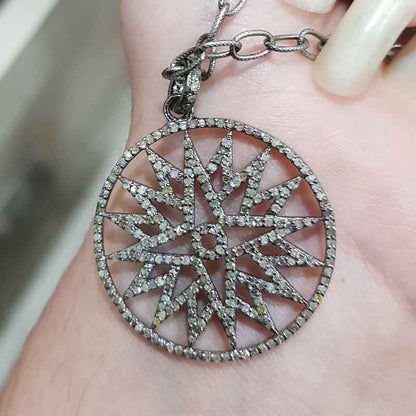 Glorious Starburst Pendant With Natural Pave diamond Layer, Round Star Pendant, Wedding Gift