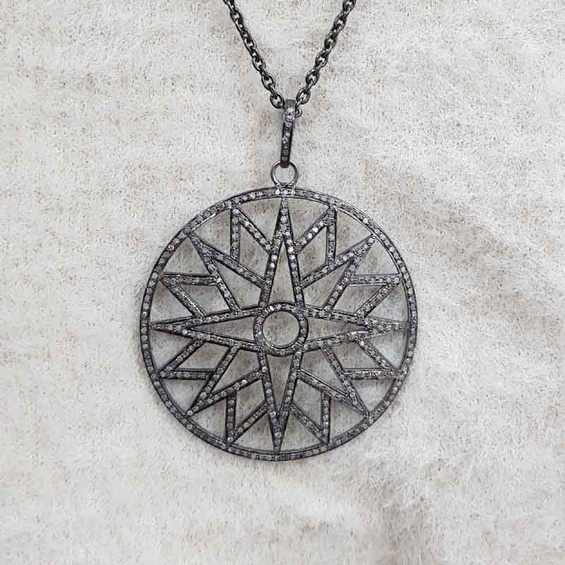 Glorious Starburst Pendant With Natural Pave diamond Layer, Round Star Pendant, Wedding Gift