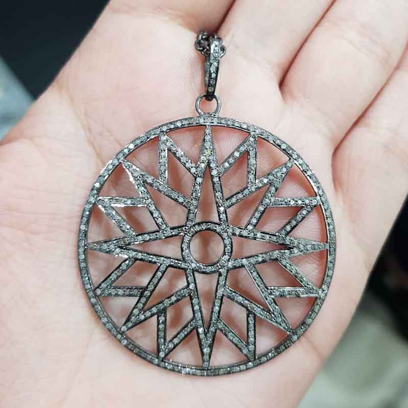 Glorious Starburst Pendant With Natural Pave diamond Layer, Round Star Pendant, Wedding Gift