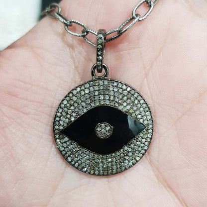 Black Enamel Evil Eye Round Pendant With Pave Diamond Layers, Round Evil Eye Pendant, Silver Jewelry