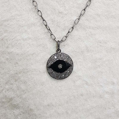 Black Enamel Evil Eye Round Pendant With Pave Diamond Layers, Round Evil Eye Pendant, Silver Jewelry