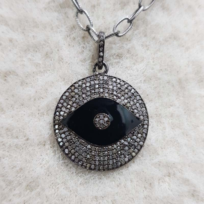 Black Enamel Evil Eye Round Pendant With Pave Diamond Layers, Round Evil Eye Pendant, Silver Jewelry