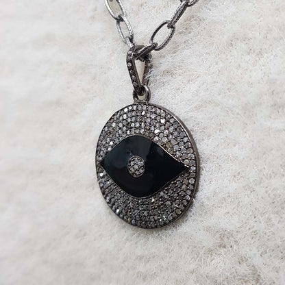 Black Enamel Evil Eye Round Pendant With Pave Diamond Layers, Round Evil Eye Pendant, Silver Jewelry