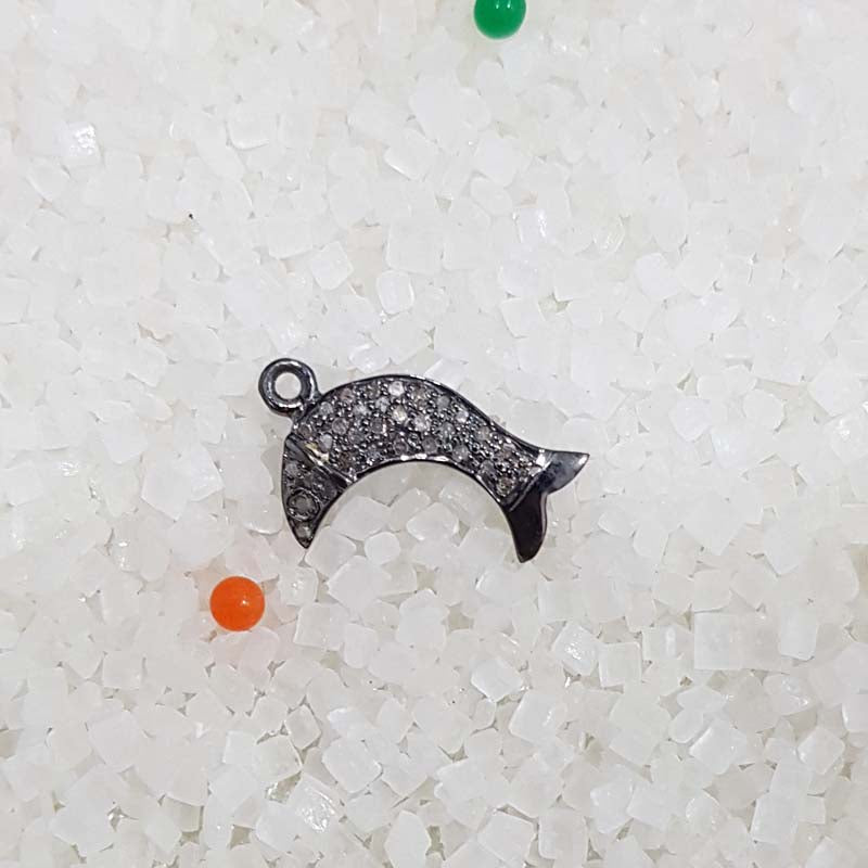 Pave Diamond Fish Charm, Black Fish cute Charm, Silver Jewelry