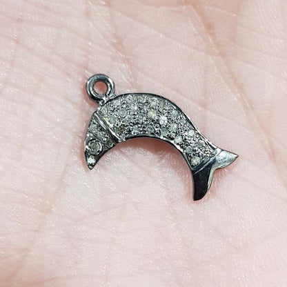 Pave Diamond Fish Charm, Black Fish cute Charm, Silver Jewelry