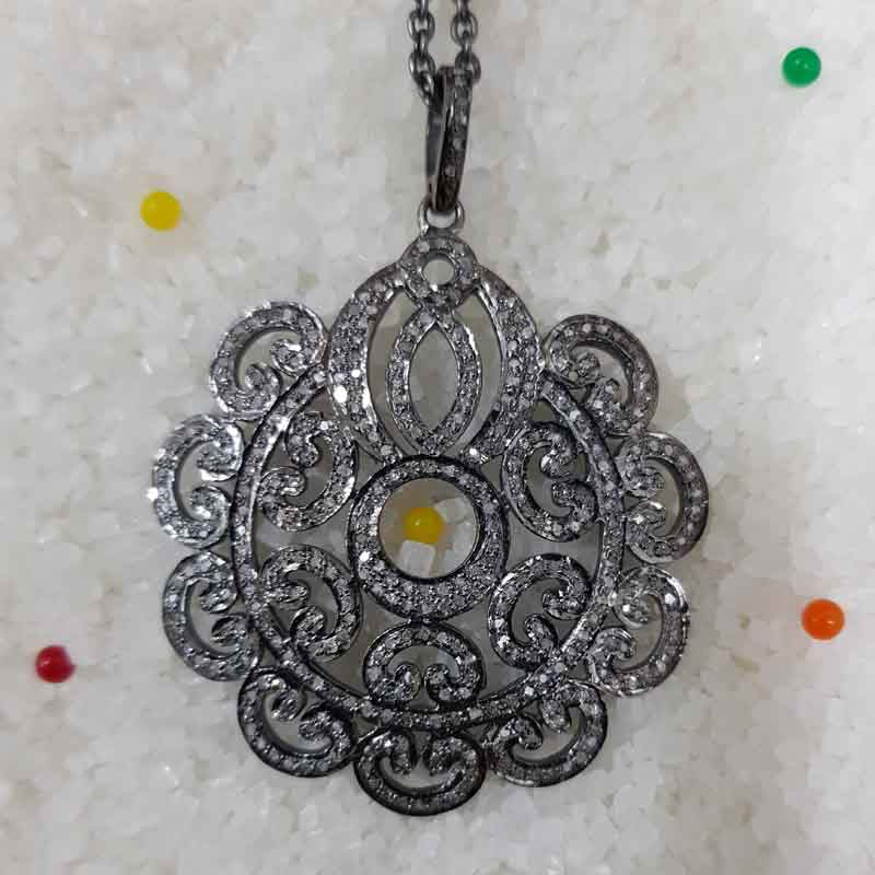 Glorious Flower Style Pave Diamond Pendant, Attractive Flower Pendant, Silver Jewelry