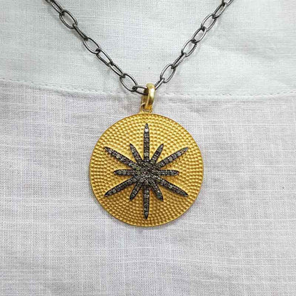 Round Disk 925 Sterling Silver Yellow Matte Finish Sunburst Pendant, Silver Pendant