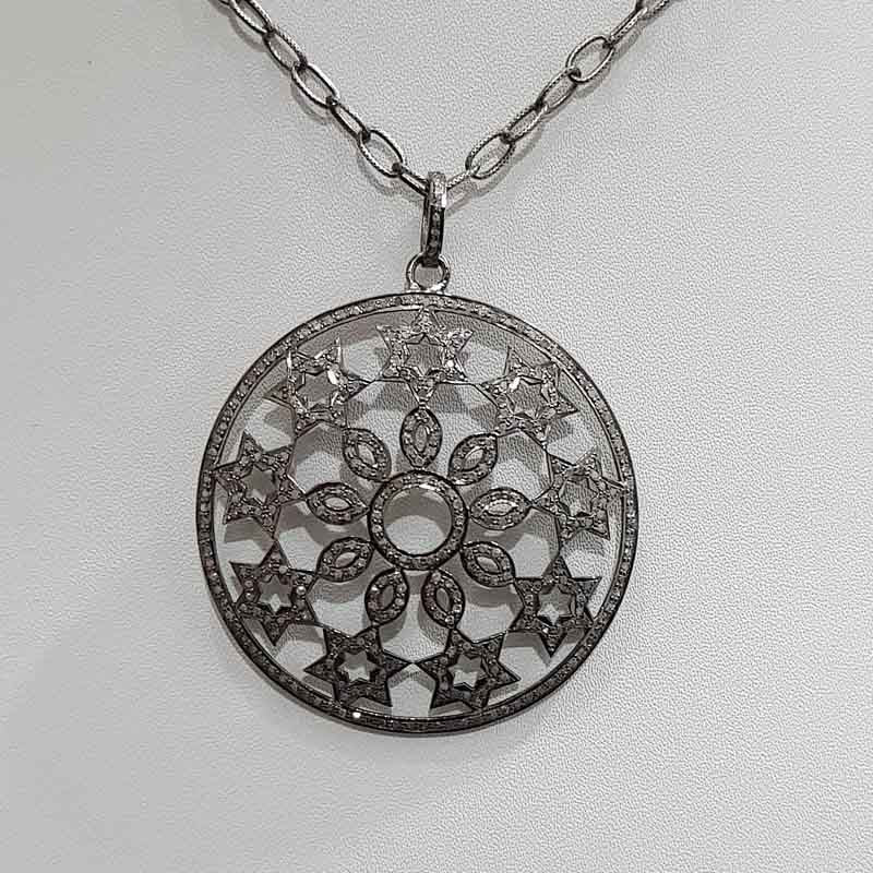 Handmade Designer Fully Pave Diamond Flower With Small Stars Pendant, Round With Mini Stars, Wedding Gift