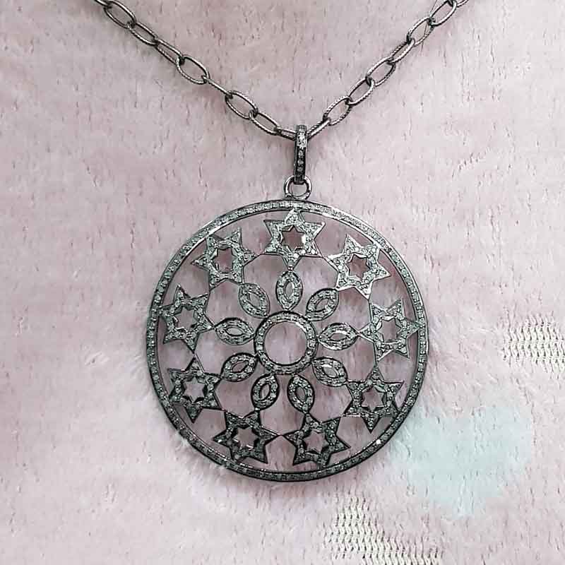 Handmade Designer Fully Pave Diamond Flower With Small Stars Pendant, Round With Mini Stars, Wedding Gift