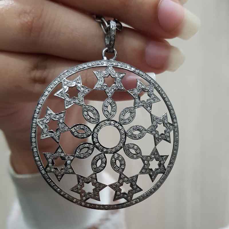 Handmade Designer Fully Pave Diamond Flower With Small Stars Pendant, Round With Mini Stars, Wedding Gift